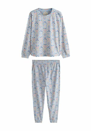 Pyjama-Set mit Blumenmuster, bestehend aus einem langärmeligen Oberteil und einer Hose, aus weichem Stoff in Hellblau mit rosa und blauen Akzenten.