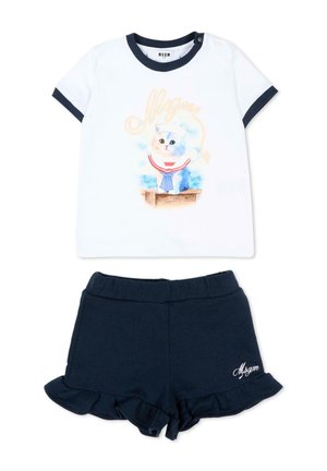 Camicia bianca a maniche corte con stampa di gattino in tenuta da marinaio e pantaloncini blu navy con orli arricciati e logo ricamato.