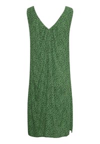 Vestido verde sin mangas con escote en pico, de tejido ligero y un estampado de leopardo negro. Tiene un corte relajado y con aberturas laterales.
