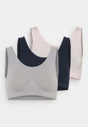Three bras: gray, navy, and light pink. Made of soft fabric, featuring a scoop neck and wide straps. Smooth texture with minimal detailing.