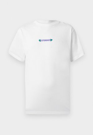 White cotton t-shirt with short sleeves, featuring a graphic text logo "CLEPTOMANICX" in purple and green centered on the chest.