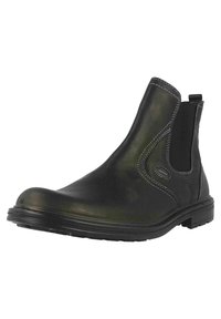 Schwarze Leder Chelsea-Stiefel mit elastischen Seitenpaneelen, runder Zehenform, kontrastierendem weißen Nähten und einer strukturierten Gummisohle.