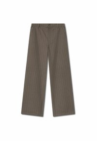 Pantalons évasés marron avec des rayures verticales, dotés d'une fermeture à bouton et de poches. Le tissu a une texture lisse.