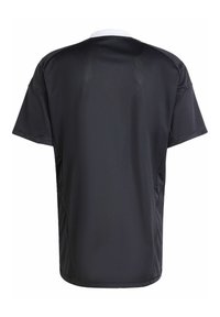 Jersey negro de manga corta fabricado en una tela de redecilla ligera, con cuello redondo y un sutil patrón tonal en todo el tejido.