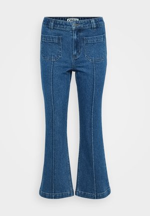Jeans a zampa d'elefante blu con vita alta, realizzati in denim, con due tasche posteriori e cuciture a contrasto.