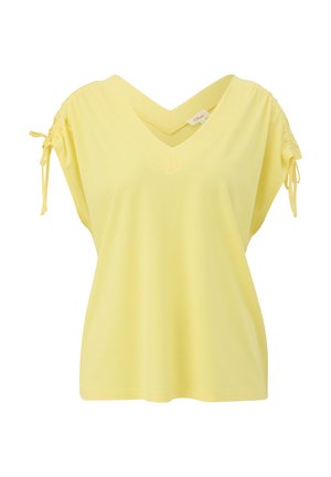 Gelbes Kurzarmoberteil mit V-Ausschnitt, Raffung an den Schultern und lässiger Passform aus weichem, leichtem Stoff.