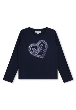 Marineblauw shirt met lange mouwen en een ronde hals, met een glinsterend hartvormig logo met de letters "MK" middenvoor.
