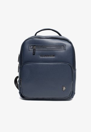 Navy blue synthetic backpack with a textured finish, front zip pocket, logo accent, and adjustable straps for convenience.