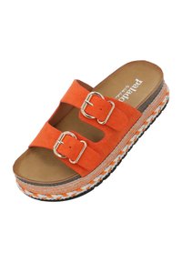Orange ruskinds platform sandal med to justerbare spænder, vævet detalje på sålen og en tekstureret indersål.