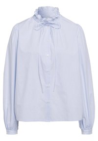 Blusa di cotone azzurro chiaro con colletto volants, maniche lunghe a sbuffo, chiusura frontale con bottoni e dettagli con cordoncino. Sottile righe verticali.