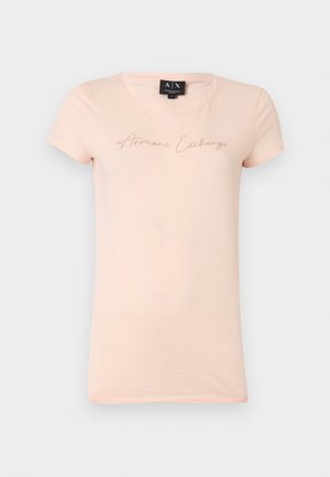 Világos rózsaszín rövid ujjú póló, amelyen az "Armani Exchange" felirat apró, díszes kristályokkal van írva a mellkasnál, kerek nyakkivágással, közepes méret.