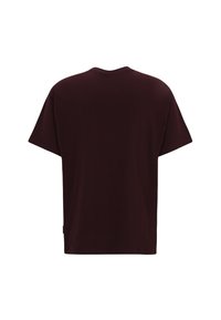 Burgunderfarbenes Baumwoll-T-Shirt, kurze Ärmel, Rundhalsausschnitt, entspannte Passform. Glatte Oberfläche ohne sichtbare Muster oder Akzente. Rückansicht dargestellt.
