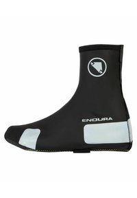 Zwarte neopreen schoenhoes met reflecterend logo en accenten, gestroomlijnd ontwerp, nauwsluitende pasvorm en versterkte stiksels langs de randen.