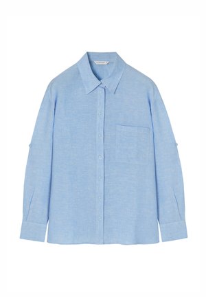 Helleblaue, langärmlige Button-Down-Hemd aus Leinen. Hat einen Kragen, eine Brusttasche und aufrollbare Manschetten mit Knopfdetails. Weiche Textur.