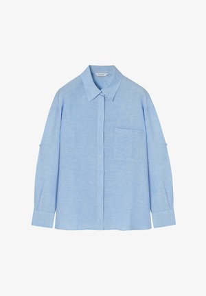 Chemise en lin bleu clair à manches longues et boutonnage. Dotée d'un col, d'une poche avant et de poignets retroussés avec détail boutonné. Texture douce.