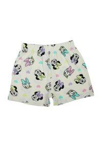 Shorts blancs avec un motif répété de têtes de personnages de dessin animé, agrémentés de cœurs rose clair, bleu et vert. Taille élastique.