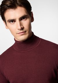 Bordowy sweter z golfem o prążkowanej teksturze i dopasowanym kroju, z wysokim kołnierzem i bezszwową konstrukcją dla schludnego wyglądu.