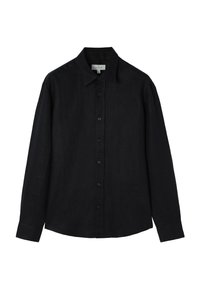 Zwarte linnen blouse met lange mouwen en een puntige kraag, sluiting met knopen aan de voorkant en knoopmanchetten. Gladde textuur en een relaxte pasvorm.