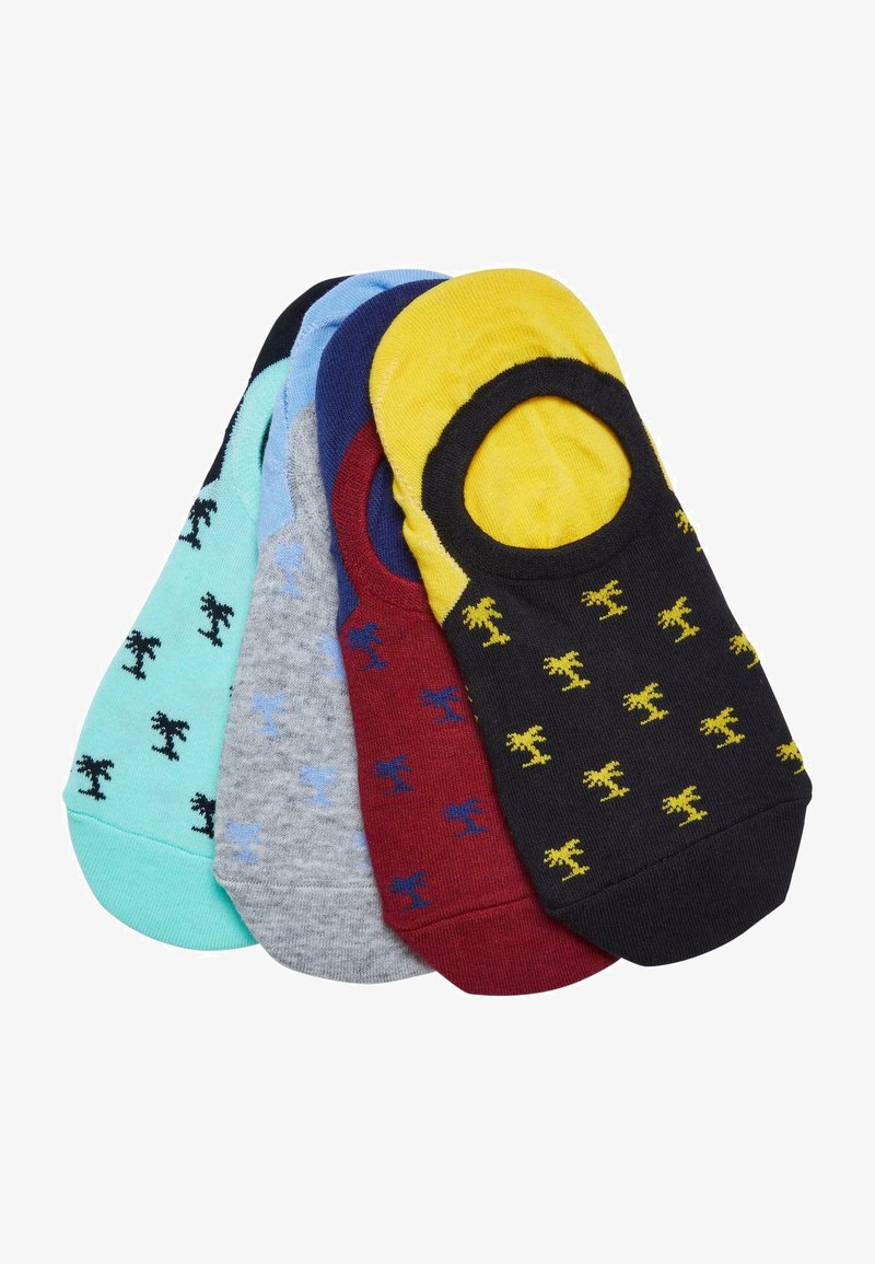 Five pairs of ankle socks in various colors: turquoise, gray, burgundy, navy, and yellow. Each features a contrasting pattern and texture.