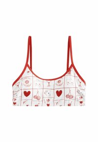 Piros és fehér mintás crop top, spagetti pántokkal, különböző illusztrációkkal díszített négyzetekkel, beleértve szíveket, cseresznyéket és koktélokat.