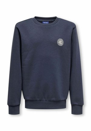 Navy blue crewneck sweatshirt with long sleeves and small circular white logo reading "Only and Sons" on the left chest.