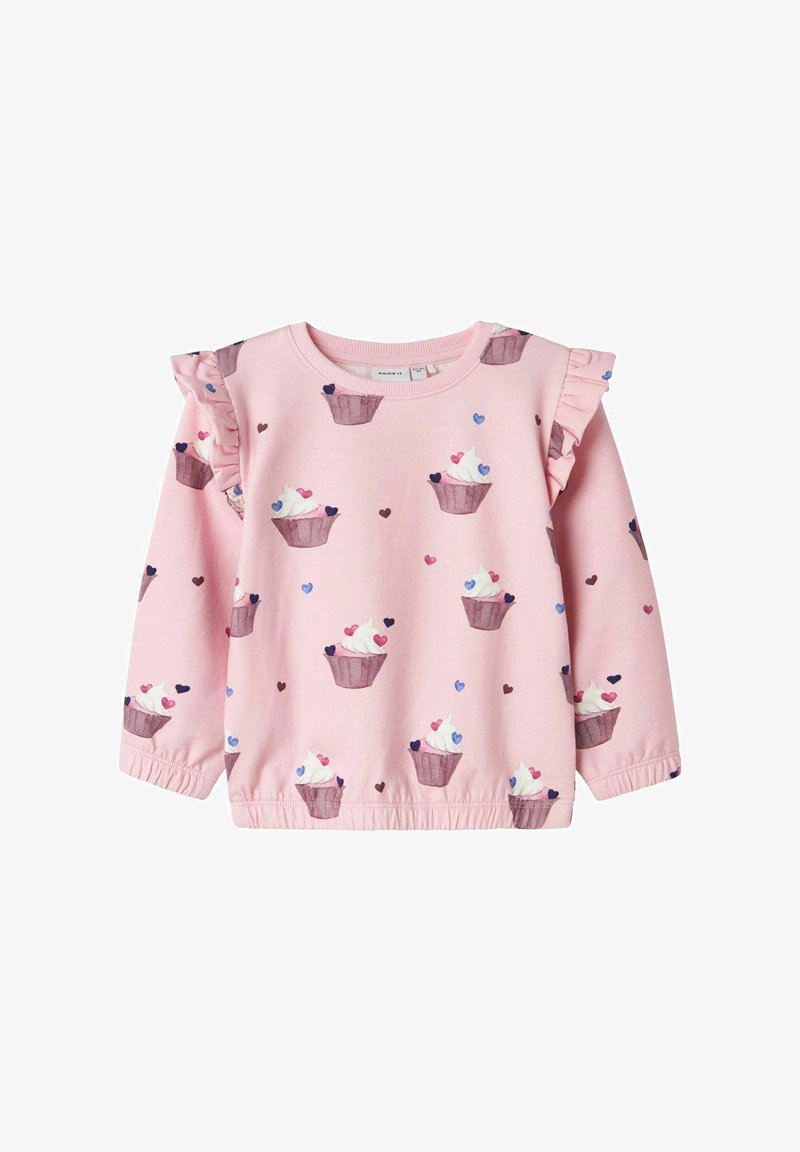 Maglietta rosa a maniche lunghe per bambini con stampa di cupcake e cuori, caratterizzata da dettagli arricciati sulle spalle e polsini e orlo elastici.