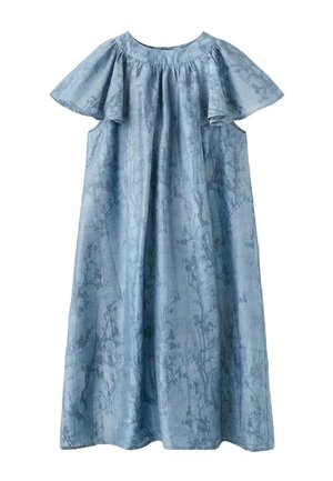 Robe en lin bleu clair avec manches courtes évasées, encolure froncée et motif floral. Longueur complète, coupe ample avec poches latérales.