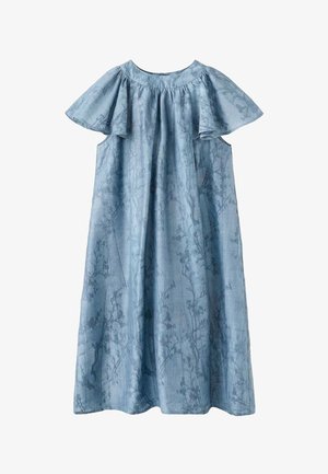 Svetlo modra lanena obleka s kratkimi krilastimi rokavi, nabranim izrezom in cvetličnim vzorcem. Dolga do tal, ohlapnega kroja z bočnimi žepki.