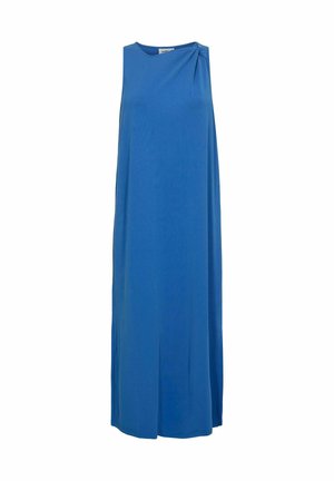 Abito maxi senza maniche di colore blu con dettaglio spalle drappeggiate, realizzato in tessuto morbido, dotato di una linea dritta e design lungo fino alla caviglia.