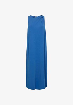 Abito maxi senza maniche di colore blu con dettaglio spalle drappeggiate, realizzato in tessuto morbido, dotato di una linea dritta e design lungo fino alla caviglia.