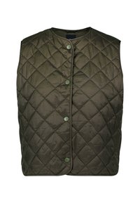 Gequilted vest in olijfgroen met een ronde halslijn, voorzien van drukknoopjes en een diamanten stikpatroon. Lichtgewicht stof met een gladde afwerking.