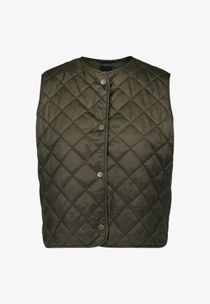 Gestepptes Weste in Olivgrün mit rundem Ausschnitt, ausgestattet mit Druckknöpfen und einem Rautenmuster. Leichter Stoff mit glatter Oberfläche.