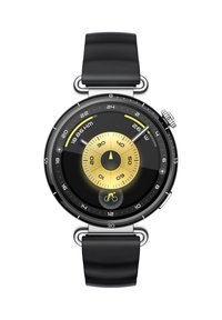 Schwarze Silikonarmbanduhr mit einem runden schwarzen und goldenen Zifferblatt, das ein zentrales Ziffernblatt und verschiedene Messanzeigen, einschließlich eines Fahrradsymbols, aufweist.