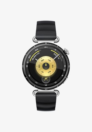 Schwarze Silikonarmbanduhr mit einem runden schwarzen und goldenen Zifferblatt, das ein zentrales Ziffernblatt und verschiedene Messanzeigen, einschließlich eines Fahrradsymbols, aufweist.