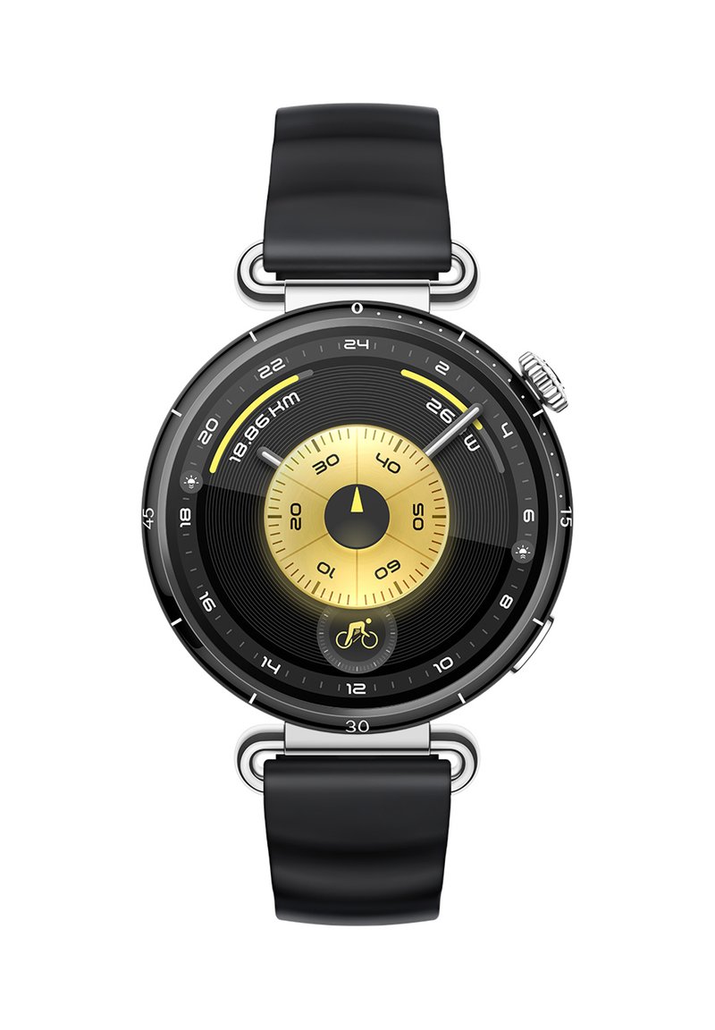 Schwarze Silikonarmbanduhr mit einem runden schwarzen und goldenen Zifferblatt, das ein zentrales Ziffernblatt und verschiedene Messanzeigen, einschließlich eines Fahrradsymbols, aufweist.