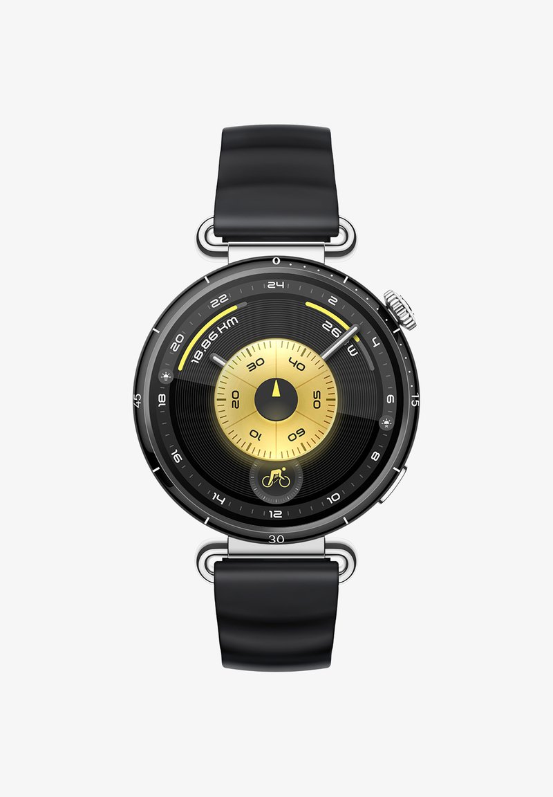 Schwarze Silikonarmbanduhr mit einem runden schwarzen und goldenen Zifferblatt, das ein zentrales Ziffernblatt und verschiedene Messanzeigen, einschließlich eines Fahrradsymbols, aufweist.