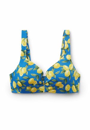 Reggiseno blu con stampa di limoni e foglie. Presenta spalline larghe, un design a scollo a V e una texture liscia. Le coppe hanno una forma arrotondata.