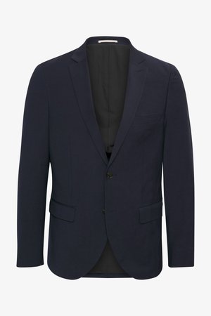 Blazer blu navy realizzato in tessuto liscio, con colletto a revers, due tasche frontali, chiusura a singolo bottone e foderato internamente di nero.