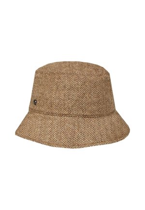 Pruun tweedist ämbri müts, millel on peen herringbone muster ja väike ümmargune must logo külgedel.