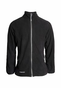 Svart fleecetröja med stående krage, frontdragkedja, långa ärmar och logotillverkning på nedre vänstra sidan. Mjuk textur, minimalistisk design.