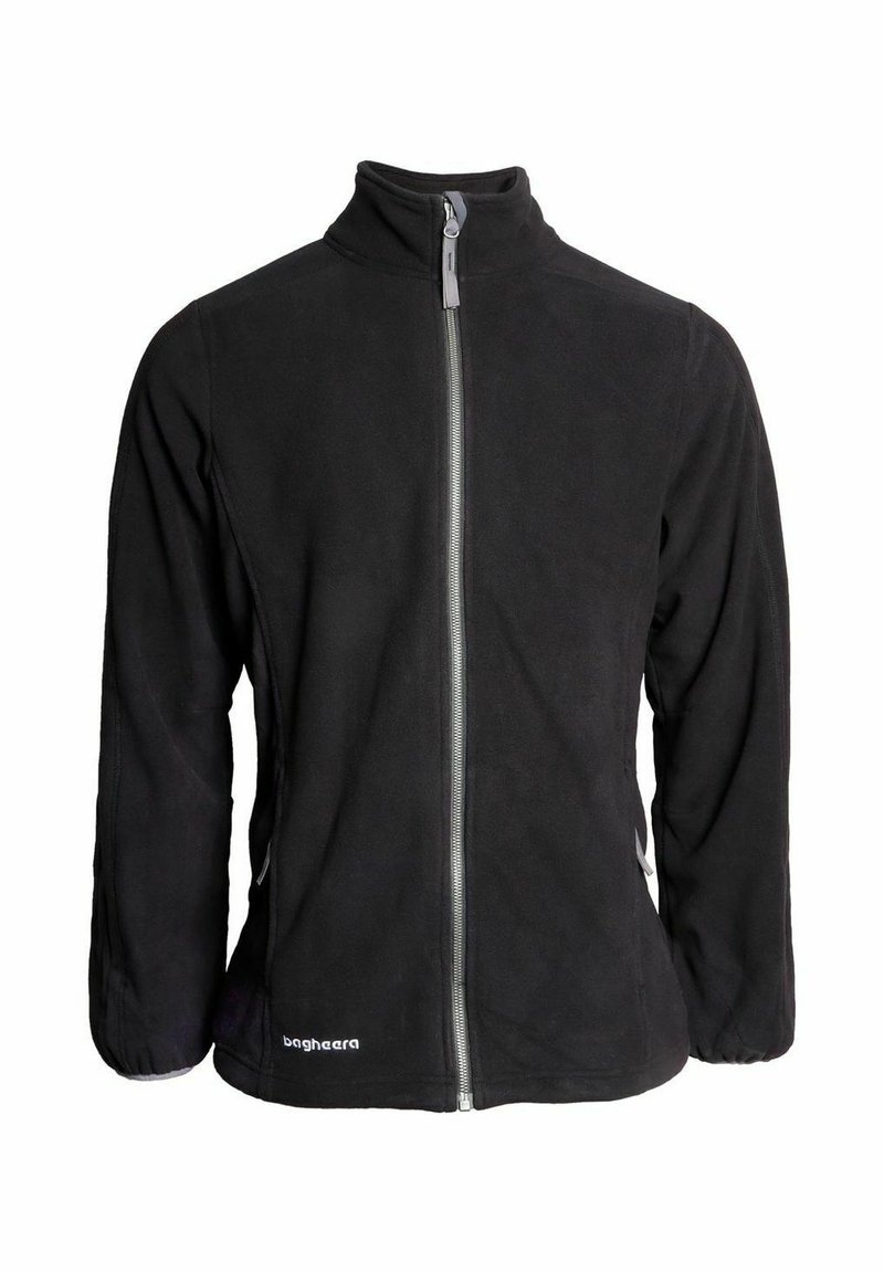 Svart fleecetröja med stående krage, frontdragkedja, långa ärmar och logotillverkning på nedre vänstra sidan. Mjuk textur, minimalistisk design.