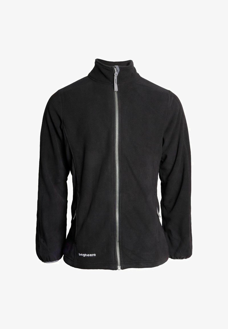 Svart fleecetröja med stående krage, frontdragkedja, långa ärmar och logotillverkning på nedre vänstra sidan. Mjuk textur, minimalistisk design.