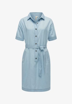 Vaaleansininen, lyhythihainen farkkukdressi, jossa on kauluspitsikaulus, napitus, vyötärösolki ja sivutaskut. Suora pinta, klassinen muotoilu.
