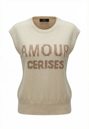 Gilet en tricot sans manches crème avec col et ourlet côtelés, arborant le texte "AMOUR CERISES" en marron clair sur la poitrine.