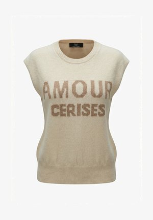 Gilet en tricot sans manches crème avec col et ourlet côtelés, arborant le texte "AMOUR CERISES" en marron clair sur la poitrine.