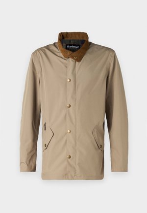 Beez värviga veekindel jakk pruunist sirdest kraest, kuldsetest pressnuppudest, kahe nurga all asuva esipoketiga ning siledast, matte tekstuurist.