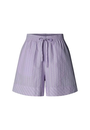 Lilla elastiske shorts med vertikale striber, sidelommer og snørre foran, vist på hvid baggrund.