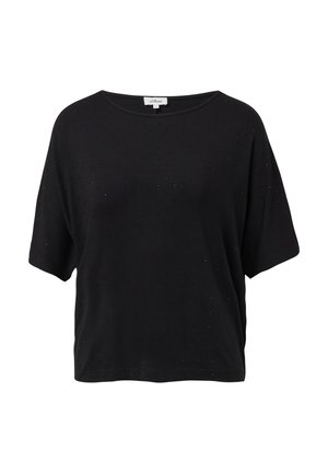 Schwarzes kurzärmliges T-Shirt mit lockerer Passform, weichem Stoff und dezentem Punktmuster. Rundhalsausschnitt ohne sichtbare Beschläge.