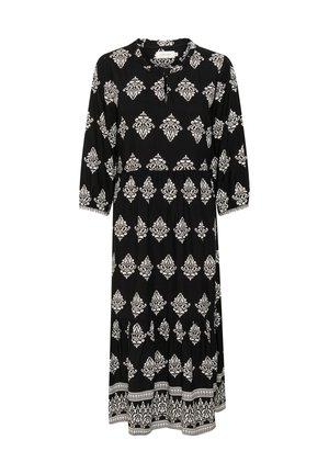 Black midi dress with white ornate floral damask patterns, three-quarter sleeves, round neckline, and tiered hem with a patterned border.