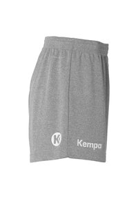 Pantalones cortos deportivos grises hechos de una tela suave, con una cintura elástica y texto y acentos en blanco. Diseño simple, corte relajado.